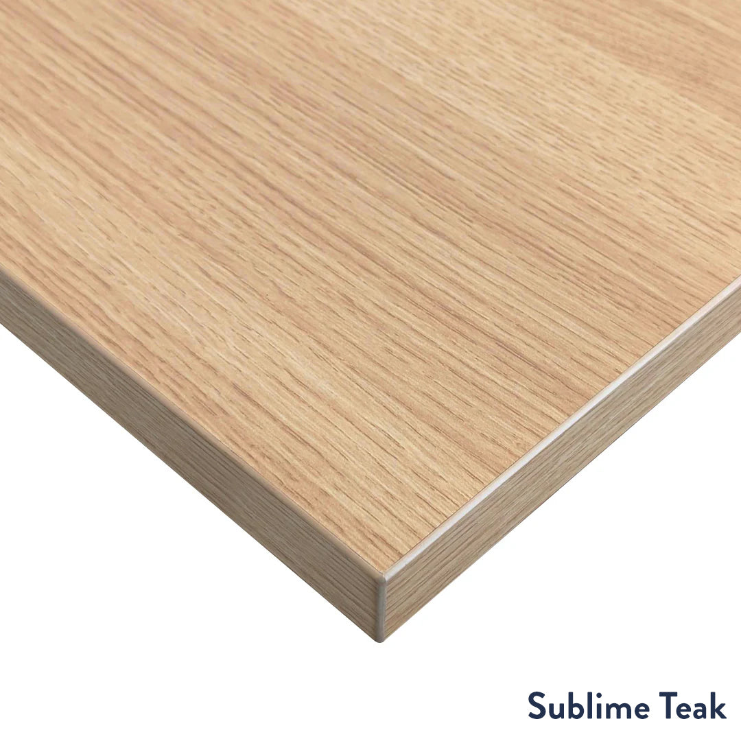 Desky Eco L-Shape Melamine Sit Stand Desk 150 x 155 cm Sublime Teak Top and Matte Black Leg