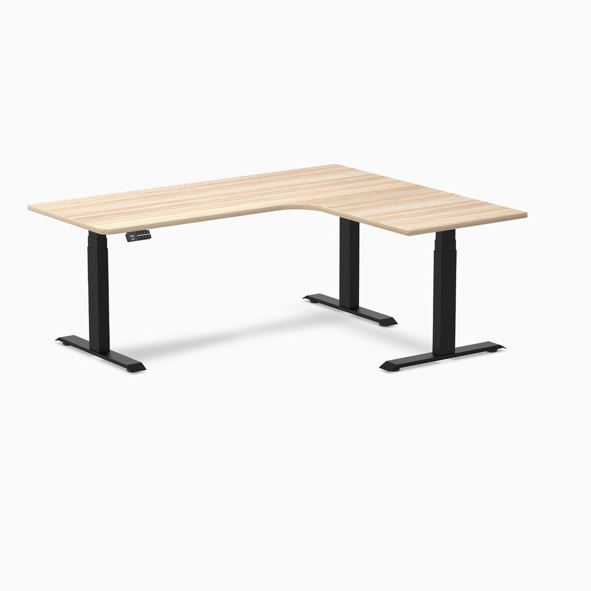 Desky L-Shape Melamine Sit Stand Desk 180cm - Left Return Classic Oak Top and Matte Black Leg