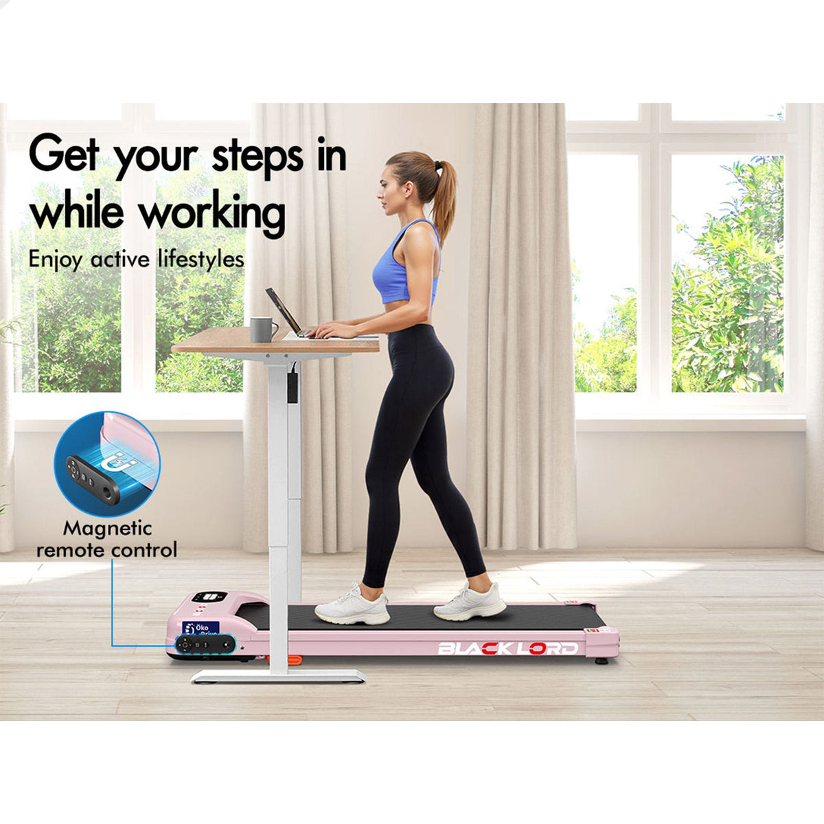 BLACK LORD Treadmill Electric Walking Pad Home Gym Incline Magnetic Remote (Pink)