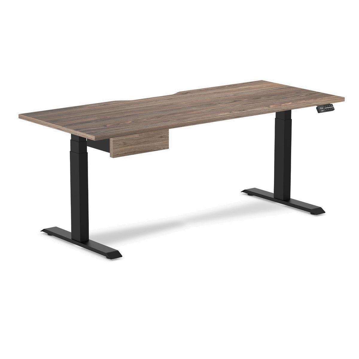 Desky Dual Scalloped Melamine Standing Desk With Drawer - Natural Walnut / 1800x750mm / Matte Black