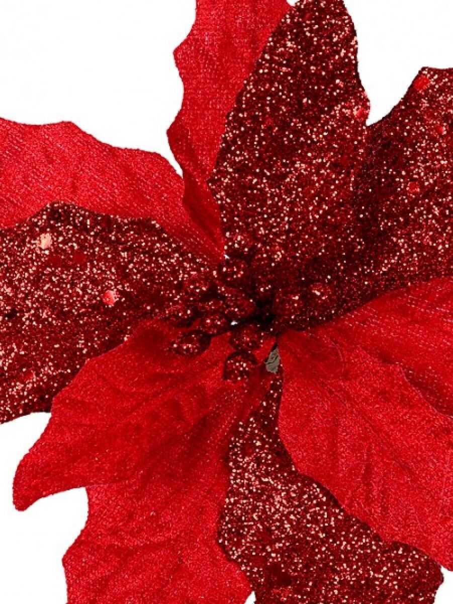 Red Fabric & Glitter Bracts Poinsettia Christmas Tree Stem Pick | 15cmRed