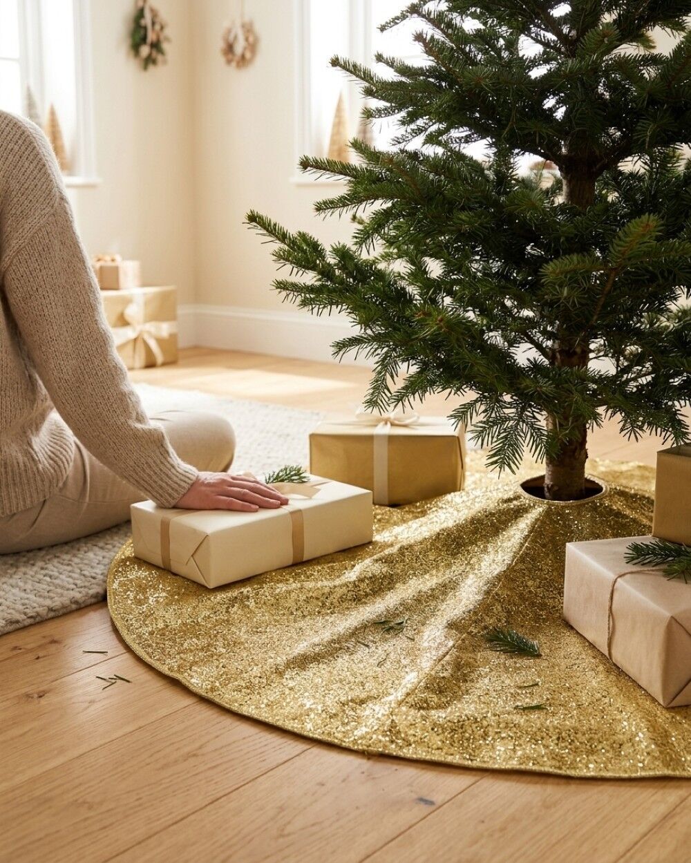 1.2m Metallic Gold Sequin & Glitter Starburst Christmas Tree SkirtGold