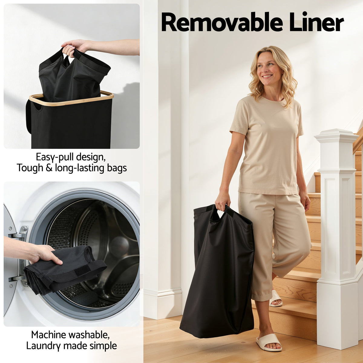 Artiss Laundry Basket with Removable Bag Foldable Black 60L