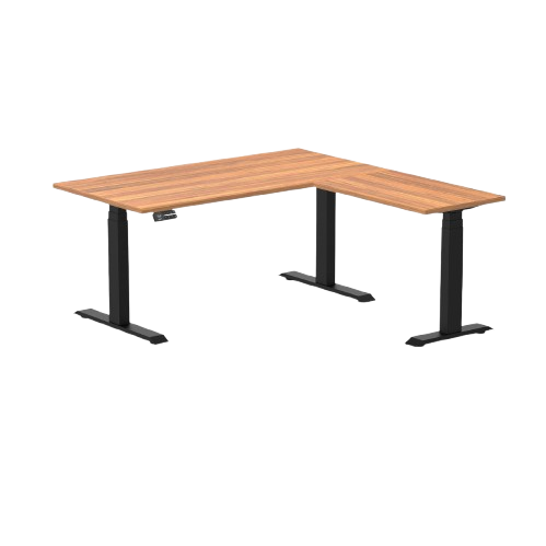 Desky Eco L-Shape Melamine Sit Stand Desk 150 x 155 cm Prime Oak Top and Matte Black Leg