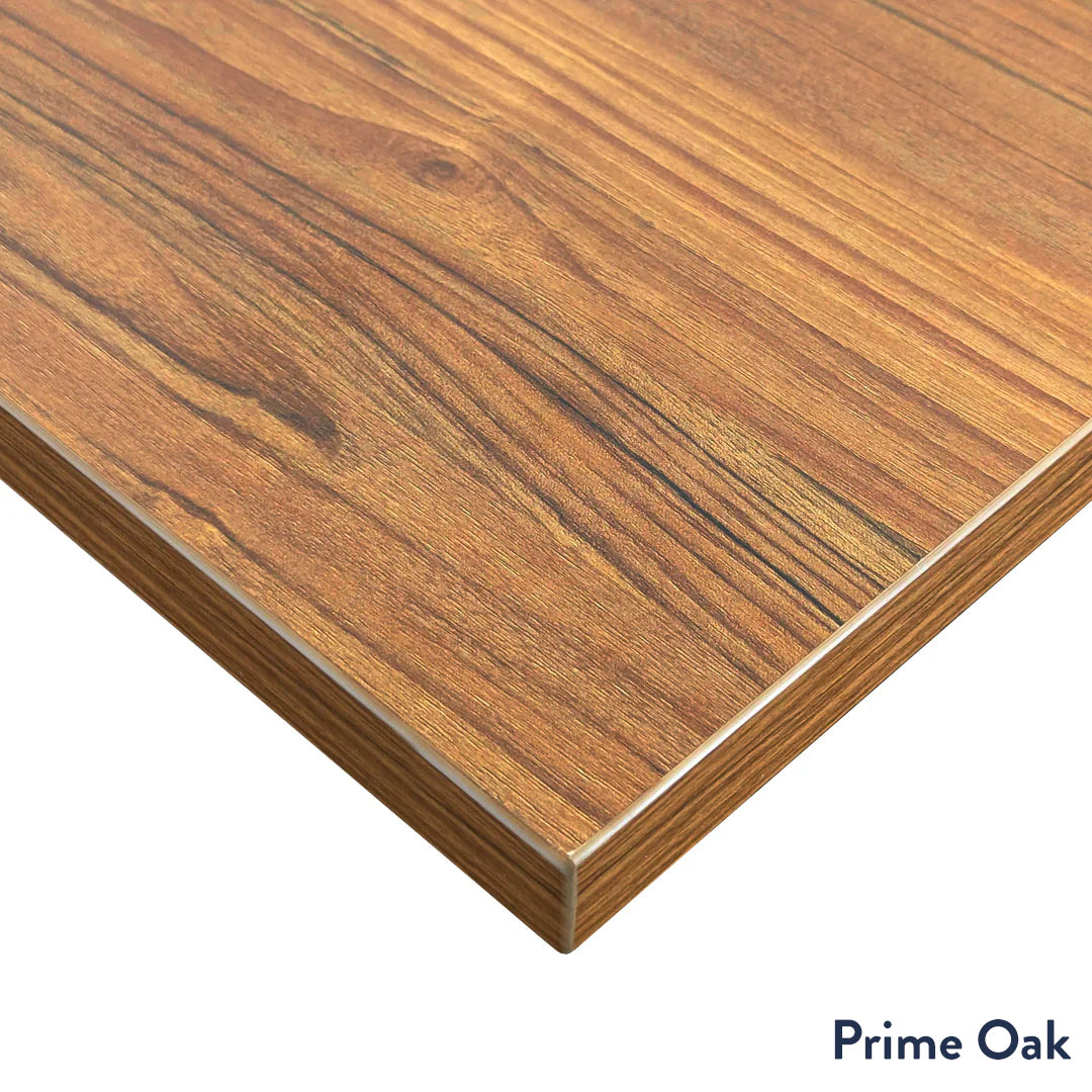 Desky Eco L-Shape Melamine Sit Stand Desk 150 x 155 cm Prime Oak Top and Space Grey Leg