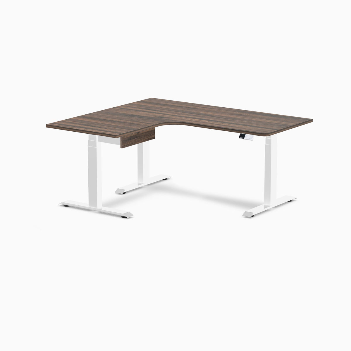 Desky L-Shape Melamine Standing Desk With Drawer 160cm - Left Return Jarrah Legno Top and White Leg
