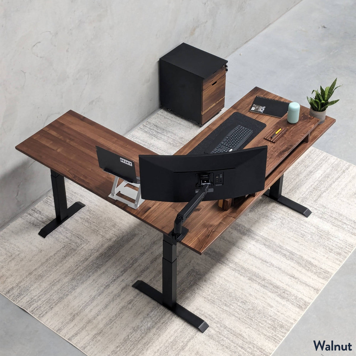 Desky Hardwood L-Shape Sit Stand Desk 180 x 175 cm Acacia Top and White Leg