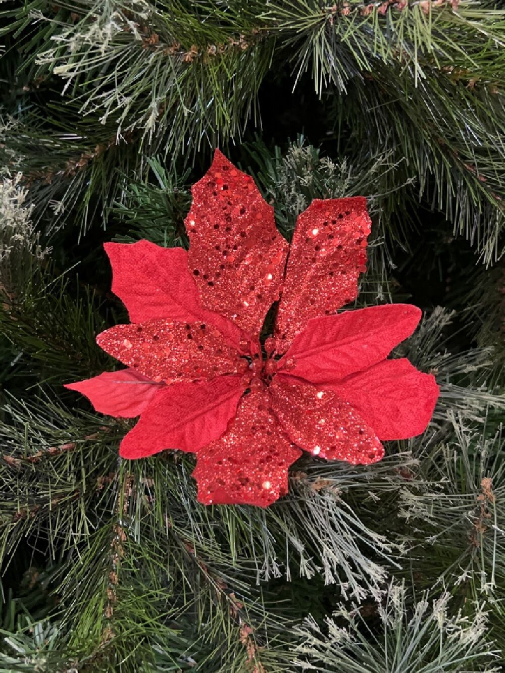 Red Fabric & Glitter Bracts Poinsettia Christmas Tree Stem Pick | 15cmRed