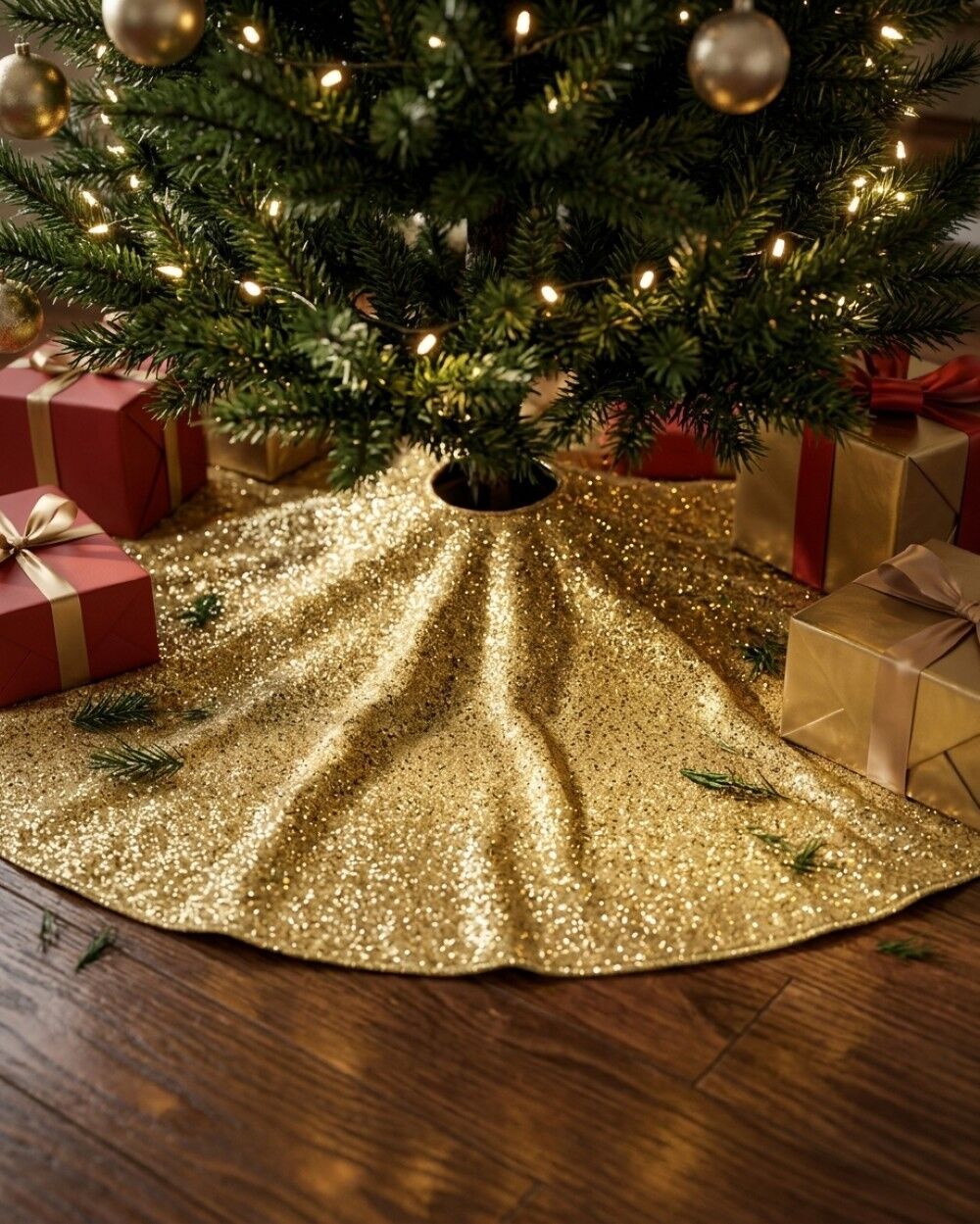 1.2m Metallic Gold Sequin & Glitter Starburst Christmas Tree SkirtGold