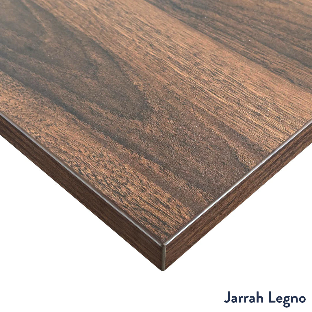 Desky Eco L-Shape Melamine Sit Stand Desk 180 x 175 cm Jarrah Legno Top and Matte Black Leg