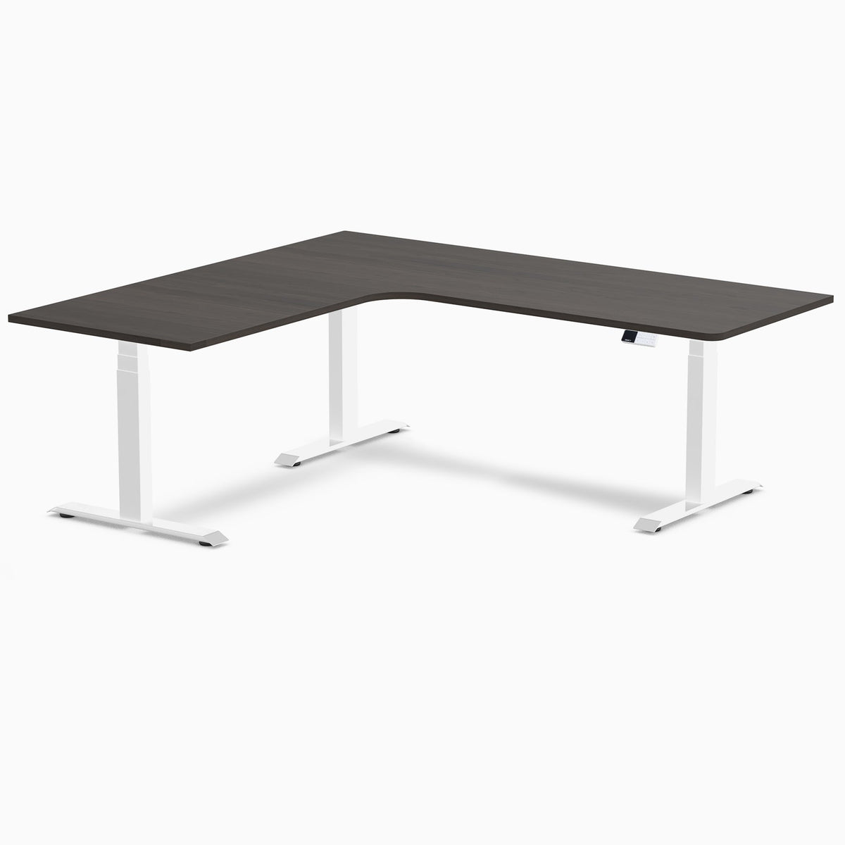 Desky L-Shape Melamine Sit Stand Desk 200cm - Left Return Burnished Wood Top and White Leg