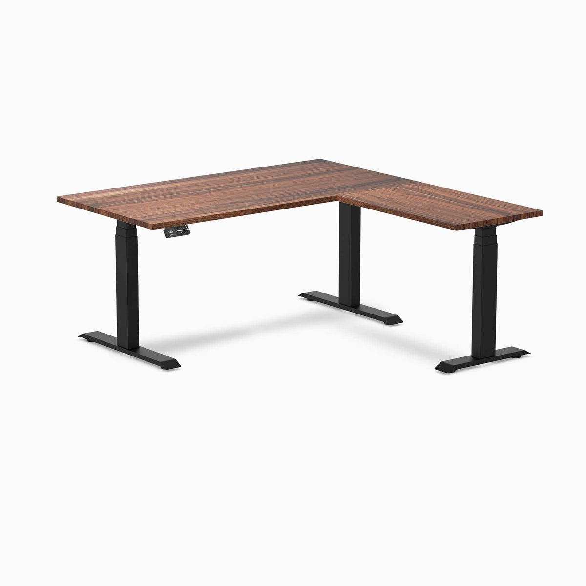 Desky Hardwood L-Shape Sit Stand Desk 150 x 155 cm Walnut Top and Matte Black Leg