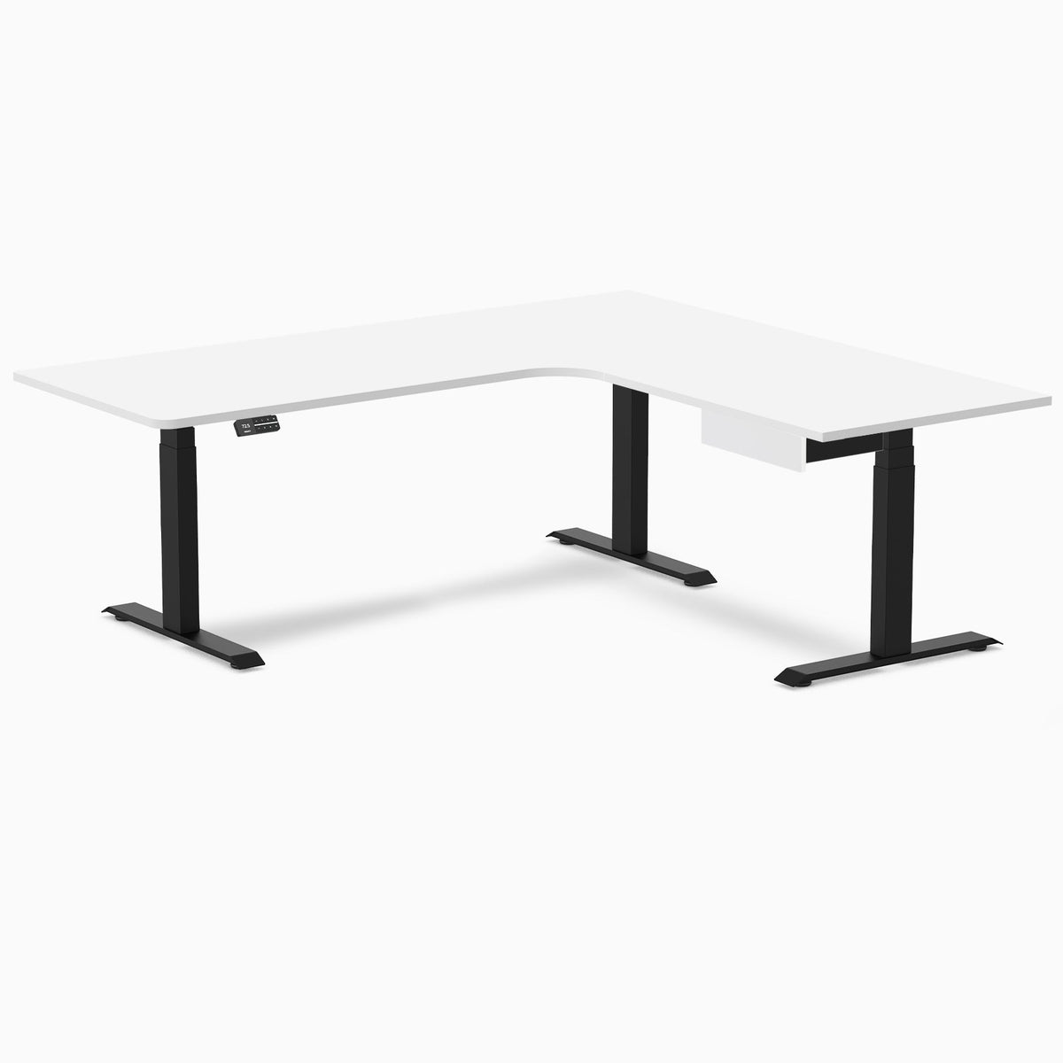 Desky L-Shape Melamine Standing Desk With Drawer 200cm - Right Return White Top and Matte Black Leg