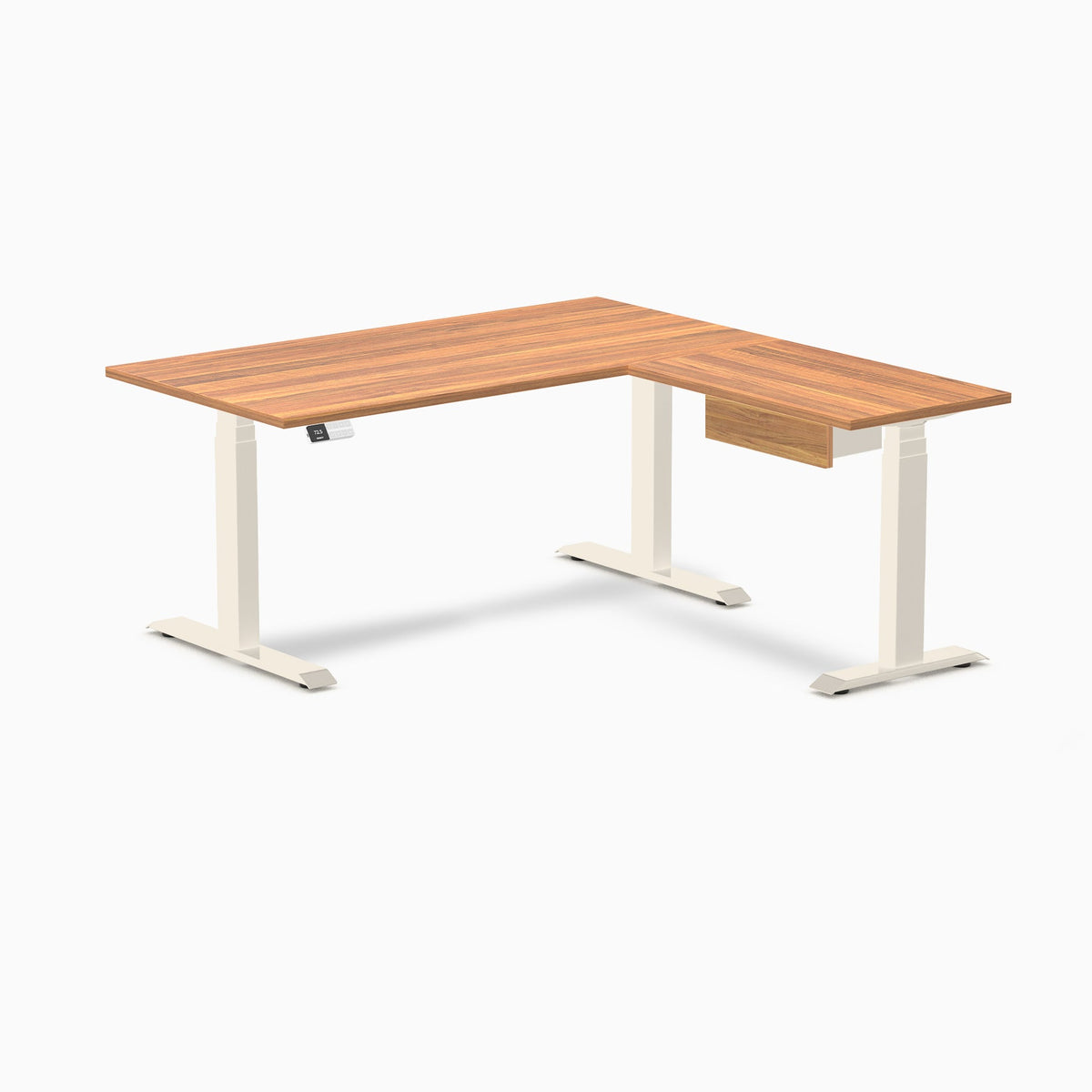 Desky Eco L-Shape Melamine Standing Desk With Drawer 150 x 155 cm Prime Oak Top and Wheat Leg