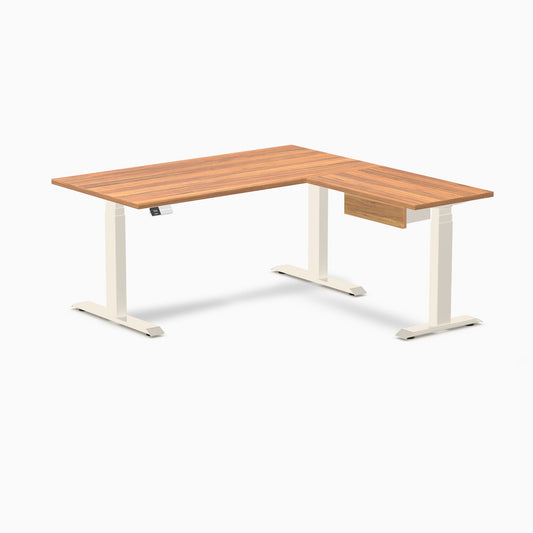 Desky Eco L-Shape Melamine Standing Desk With Drawer 150 x 155 cm Prime Oak Top and Wheat Leg