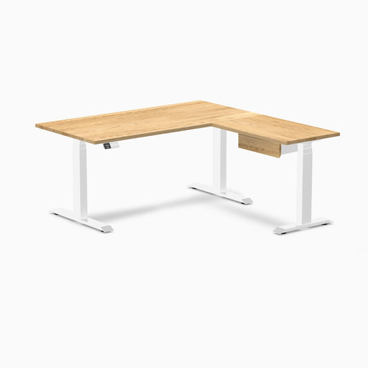 Desky Hardwood L-Shape Standing Desk With Drawer 150 x 155 cm White Oak Top and White Leg