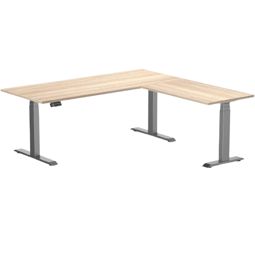 Desky Eco L-Shape Melamine Sit Stand Desk 180 x 175 cm Classic Oak Top and Space Grey Leg