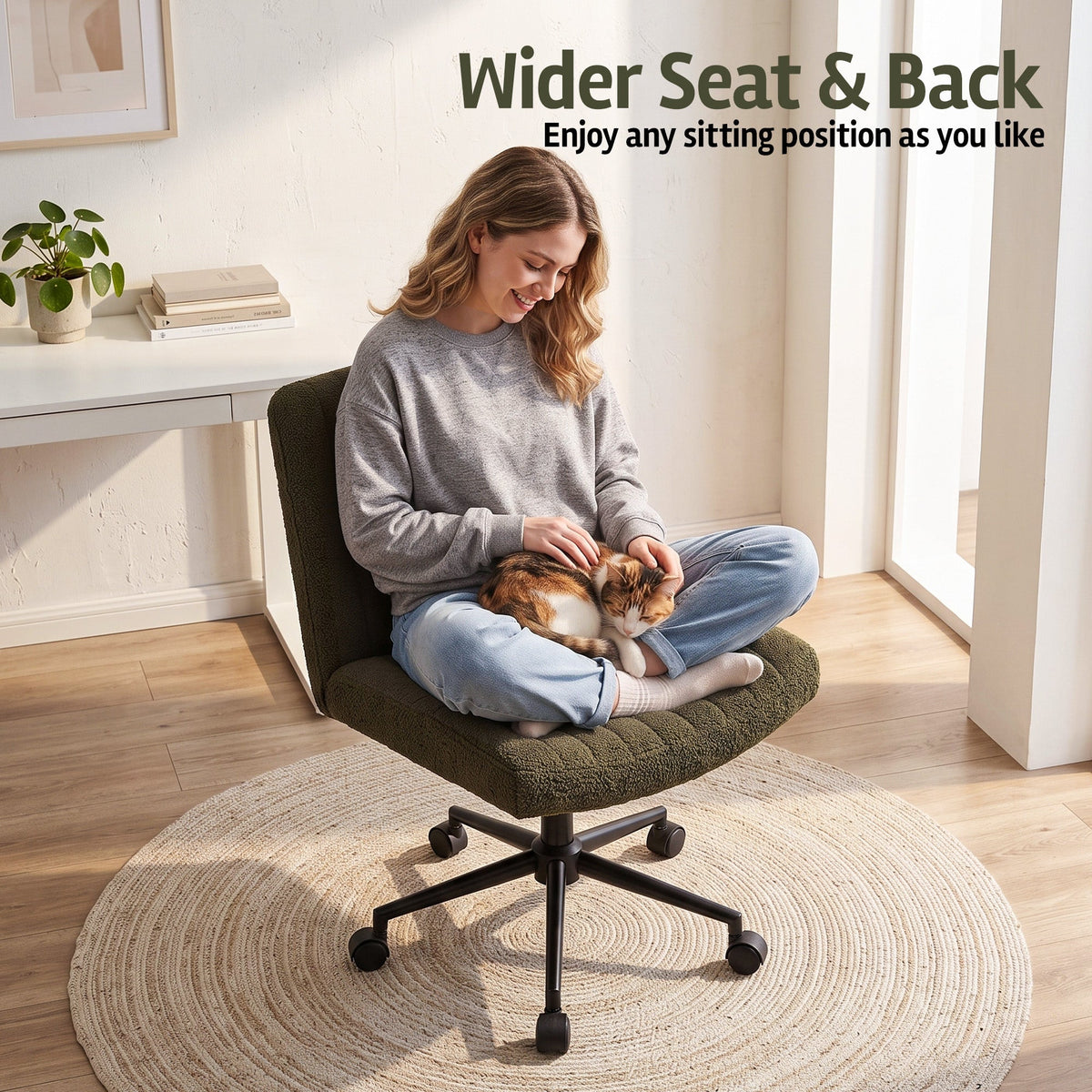 Artiss Armless Cross Legged Office Chair Wide Seat Vanity Chair Teddy Fleece Green