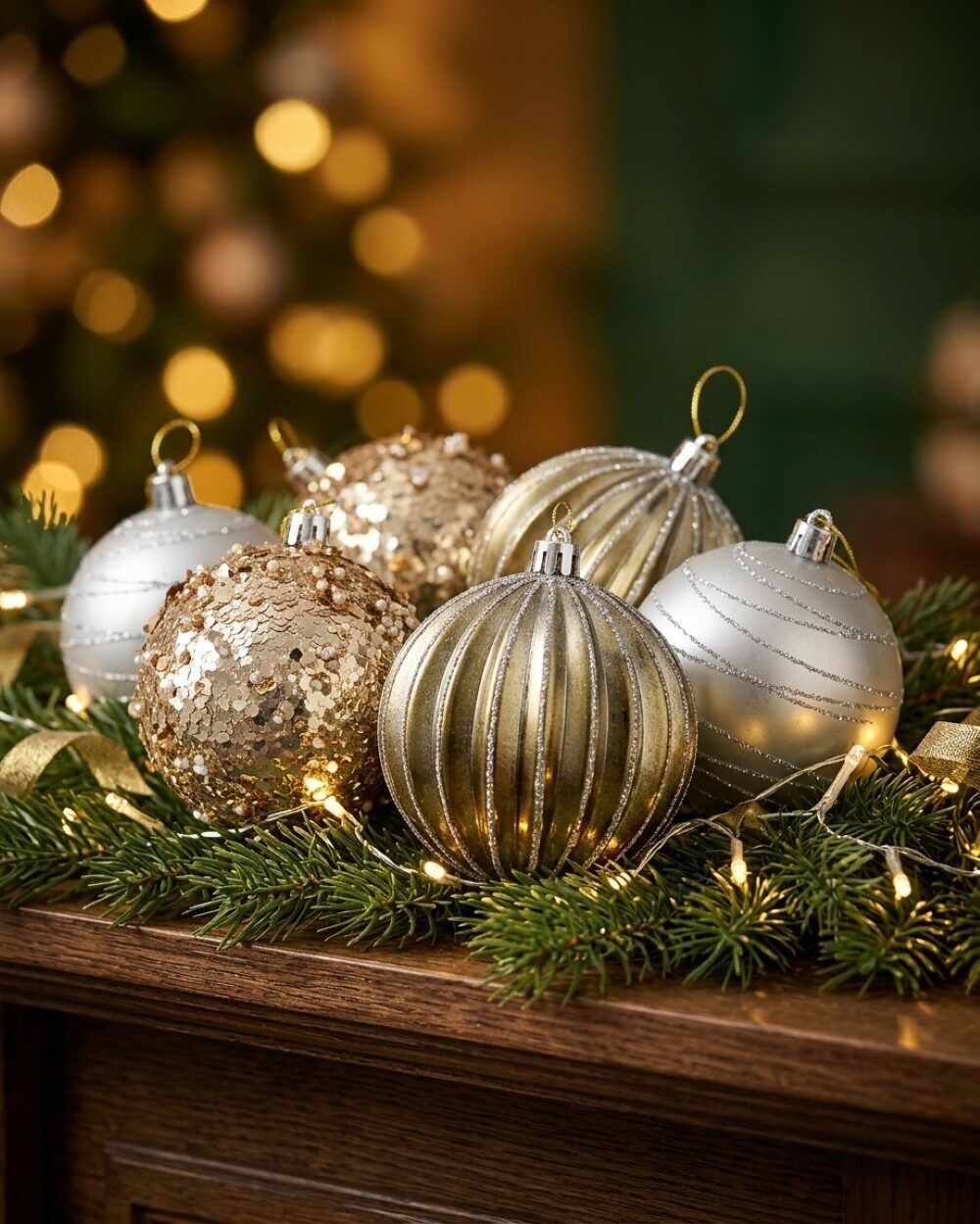 Dynamic Mixed Metallic Signature Ribbed & Embellished Baubles 24x 80mm Silver Champagne Gold & Rose Gold