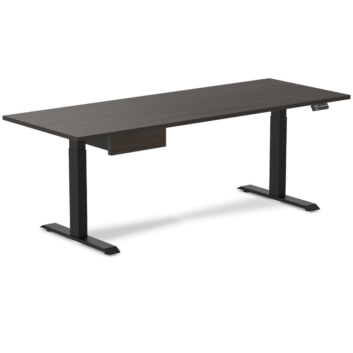 Desky Dual Melamine Standing Desk With Drawer 200cm Burnished Wood Desktop and Matte Black Frame