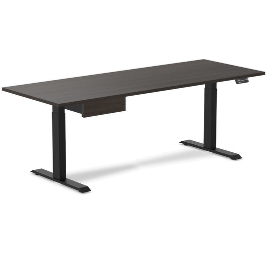 Desky Dual Melamine Standing Desk With Drawer 200cm Burnished Wood Desktop and Matte Black Frame