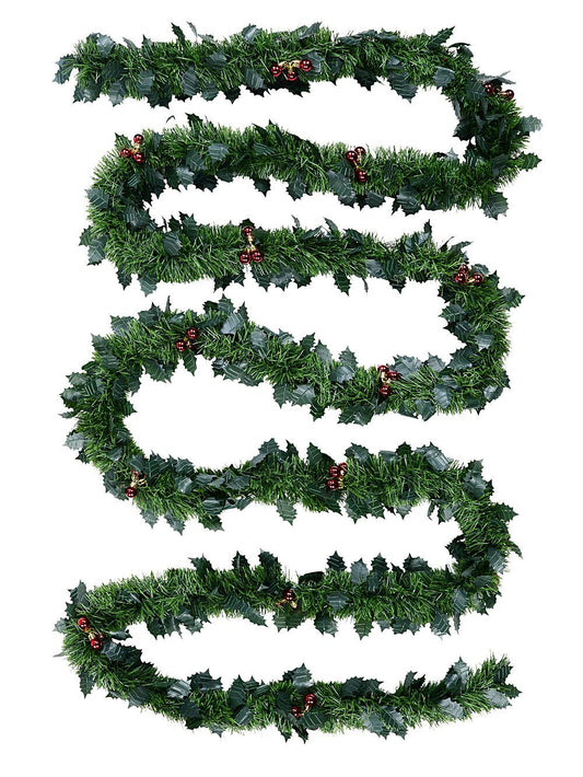 Classic 8ply Holly & Red Berries Fir Christmas Tinsel Garland | 5m x 90mmGreen with Red