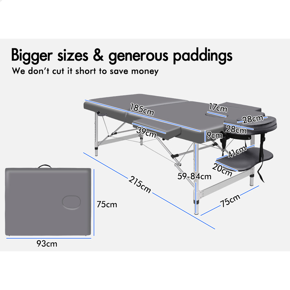 ALFORDSON Massage Table 2 Fold 75cm Foldable Portable Bed Desk Aluminium Lift Up (Grey)