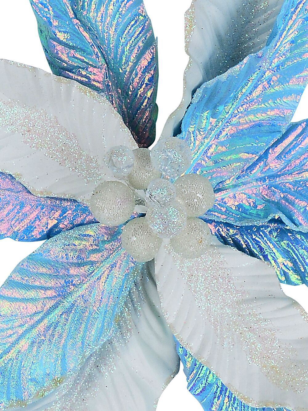 Iridescent Turquoise & Ivory Poinsettia Christmas Tree Clip Pick | 30cmIridescent Turquoise & Ivory with Clear