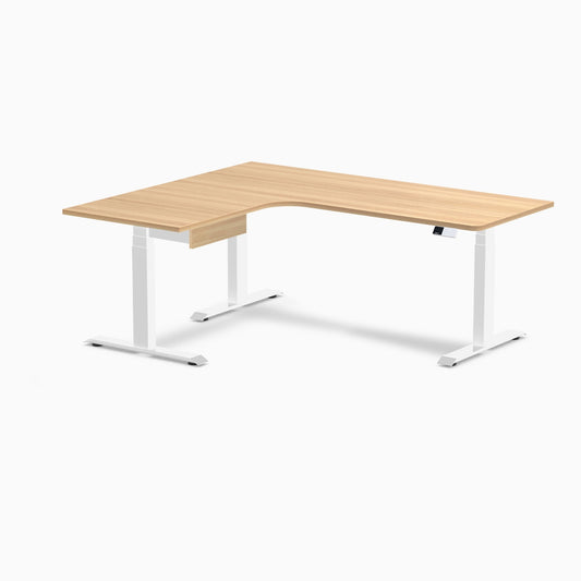 Desky L-Shape Melamine Standing Desk With Drawer 180cm - Left Return Sublime Teak Top and White Leg