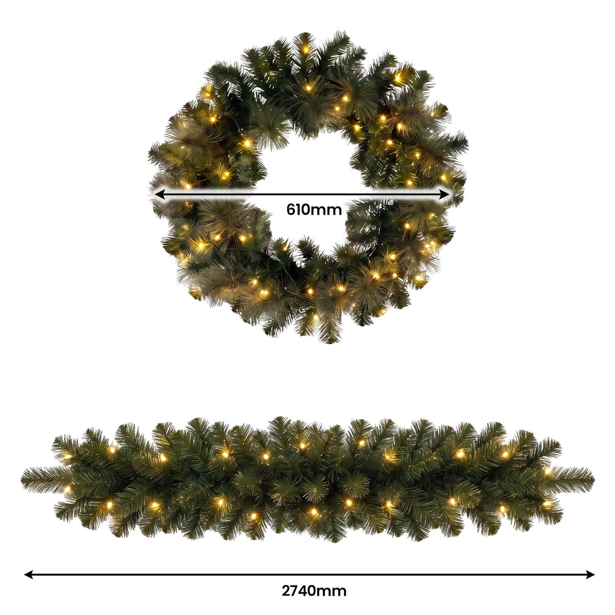 Christabelle Gold Pine Collection Christmas 2pc Set 61cm Wreath and 2.74m Garland with LED Lights Holiday Decor