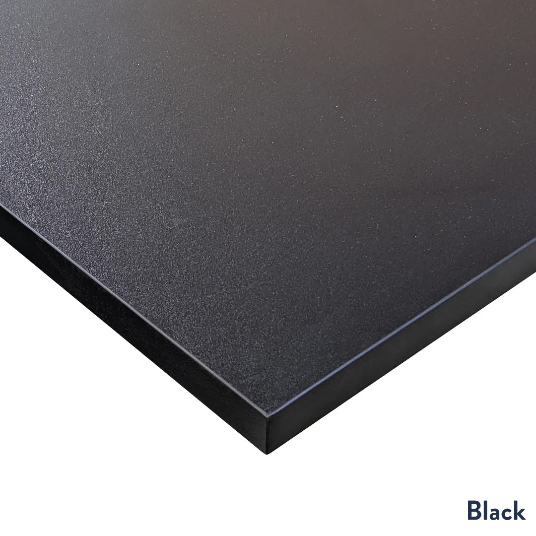 Desky L-Shape Melamine Sit Stand Desk 180cm - Right Return Burnished Wood Top and Matte Black Leg