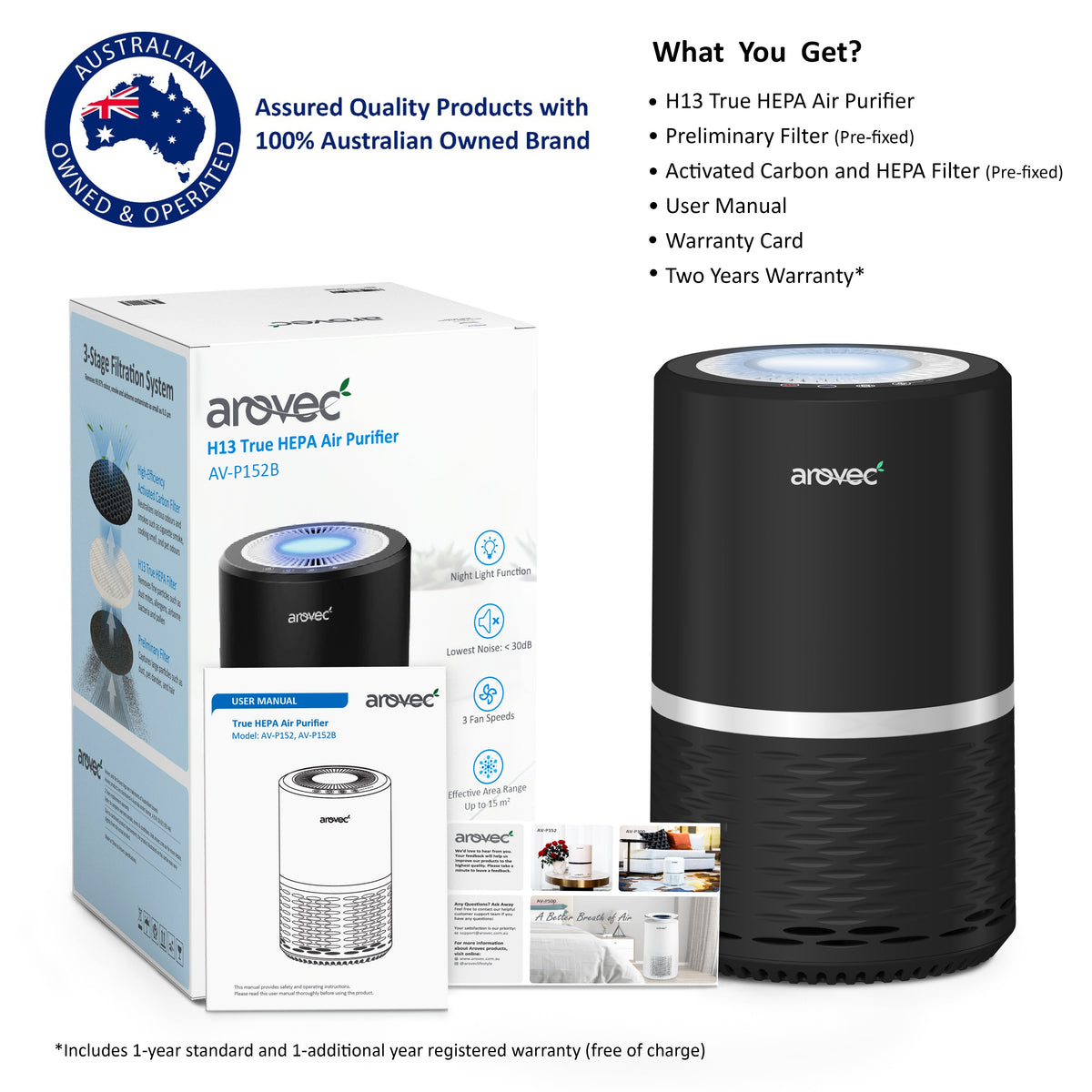 AROVEC Air Purifier H13 True HEPA Air Filter for Home, Bedroom (Black)
