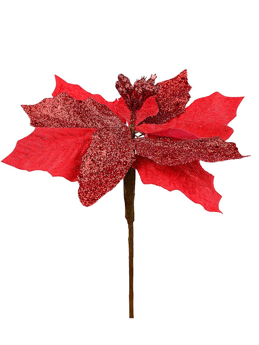 Red Fabric & Glitter Bracts Poinsettia Christmas Tree Stem Pick | 15cmRed