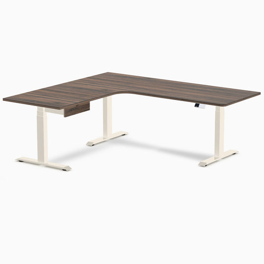 Desky L-Shape Melamine Standing Desk With Drawer 200cm - Left Return Jarrah Legno Top and Wheat Leg