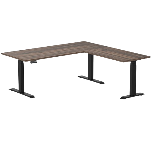 Desky Eco L-Shape Melamine Sit Stand Desk 180 x 175 cm Jarrah Legno Top and Matte Black Leg
