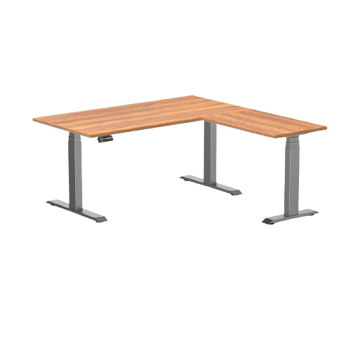 Desky Eco L-Shape Melamine Sit Stand Desk 150 x 155 cm Prime Oak Top and Space Grey Leg