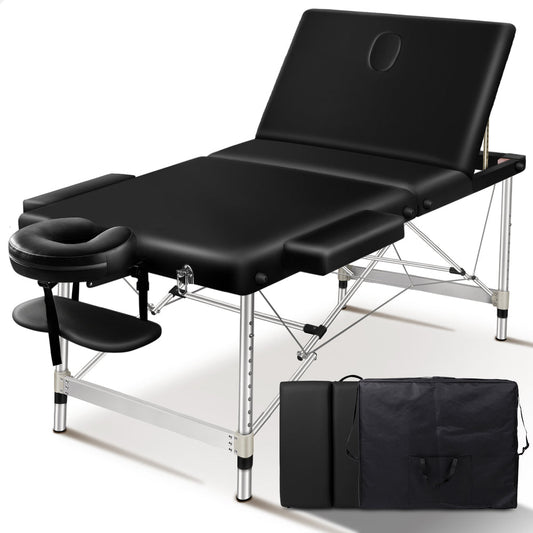 ALFORDSON Massage Table 3 Fold 75cm Foldable Portable Aluminium Lift Up Bed Desk (Black)