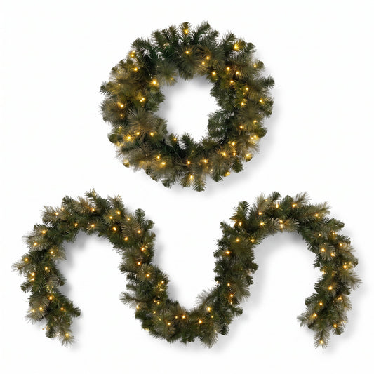 Christabelle Gold Pine Collection Christmas 2pc Set 61cm Wreath and 2.74m Garland with LED Lights Holiday Decor