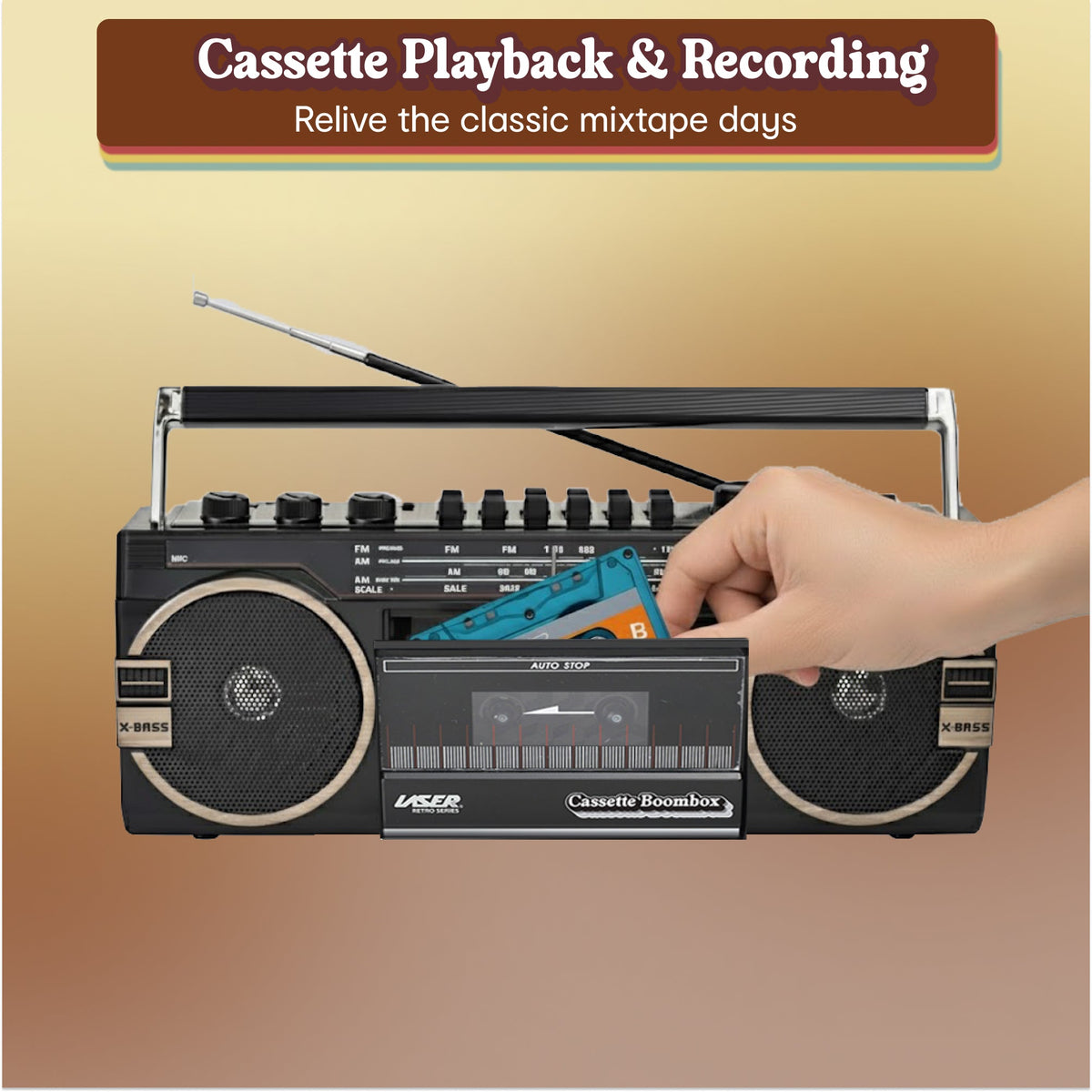 Laser Retro Cassette Boombox with AM FM Radio (Black)