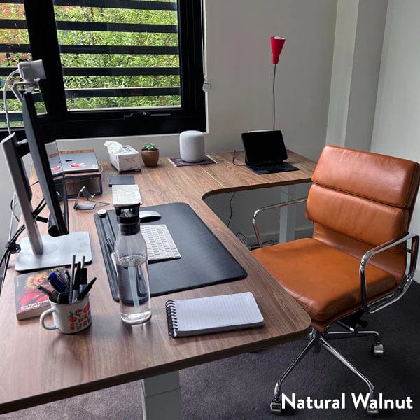 Desky L-Shape Melamine Sit Stand Desk 180cm - Left Return Natural Walnut Top and Matte Black Leg