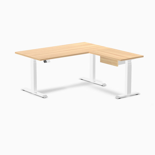 Desky Eco L-Shape Melamine Standing Desk With Drawer 150 x 155 cm Sublime Teak Top and White Leg
