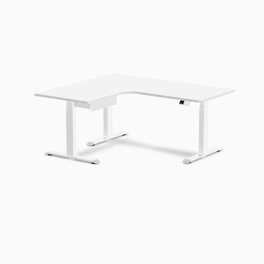 Desky L-Shape Melamine Standing Desk With Drawer 160cm - Left Return White Top and White Leg