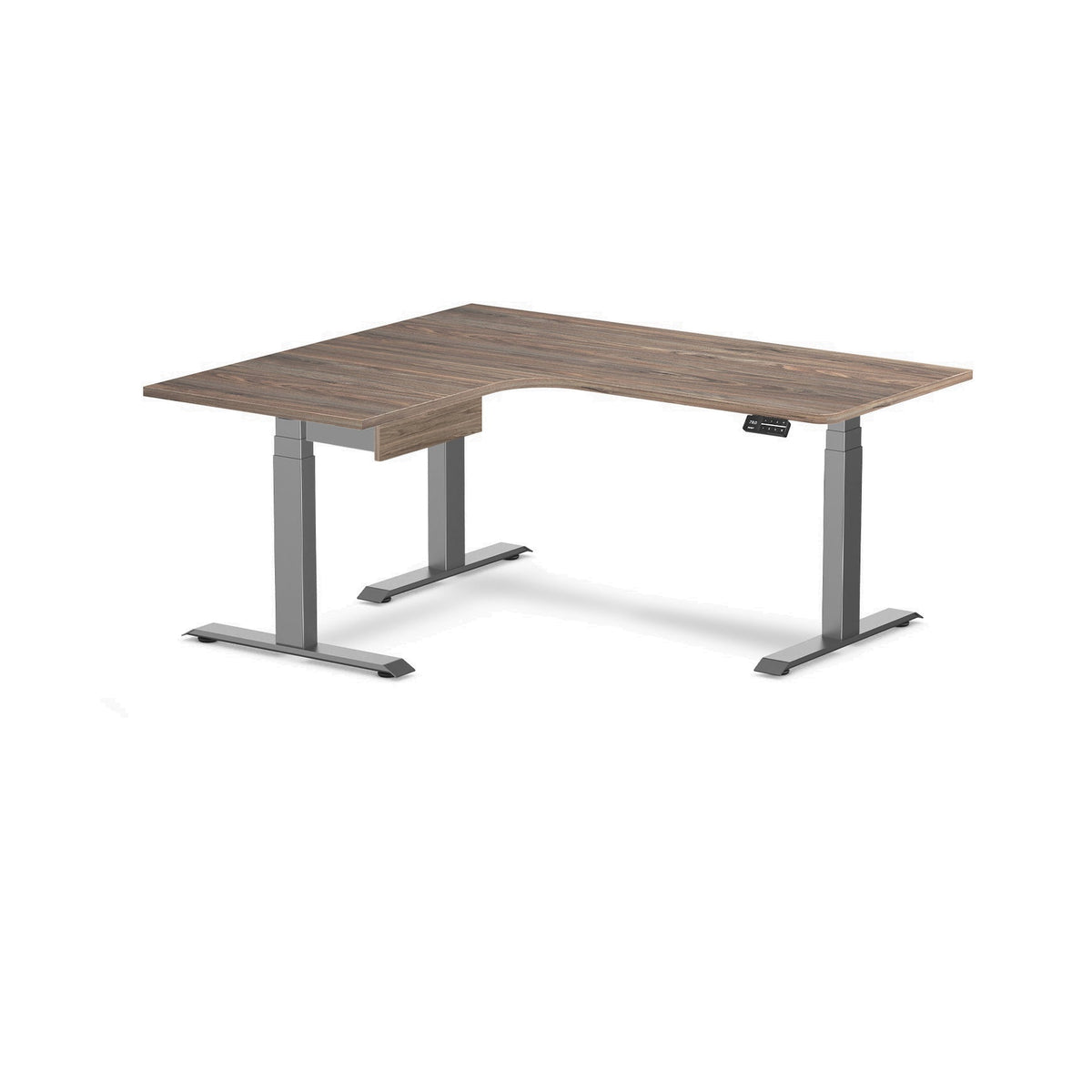 Desky L-Shape Melamine Standing Desk With Drawer 160cm - Left Return Natural Walnut Top and Space Grey Leg