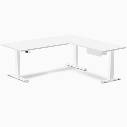 Desky Eco L-Shape Melamine Standing Desk With Drawer 180 x 175 cm White Top and White Leg