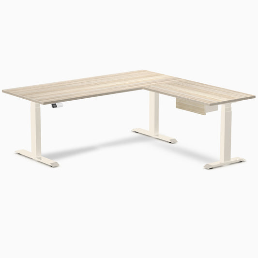 Desky Eco L-Shape Melamine Standing Desk With Drawer 180 x 175 cm Classic Oak Top and Wheat Leg
