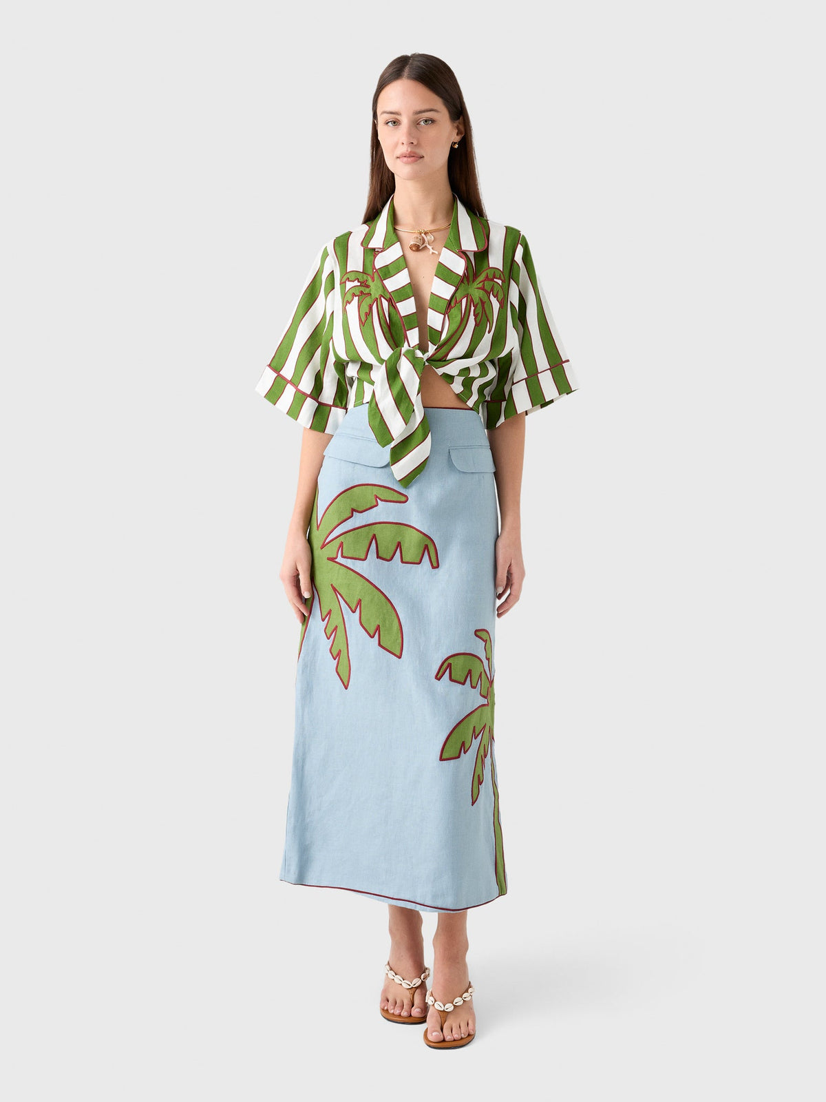 Farm Rio Women's Spring Stripes Embroidered Linen Crop Top