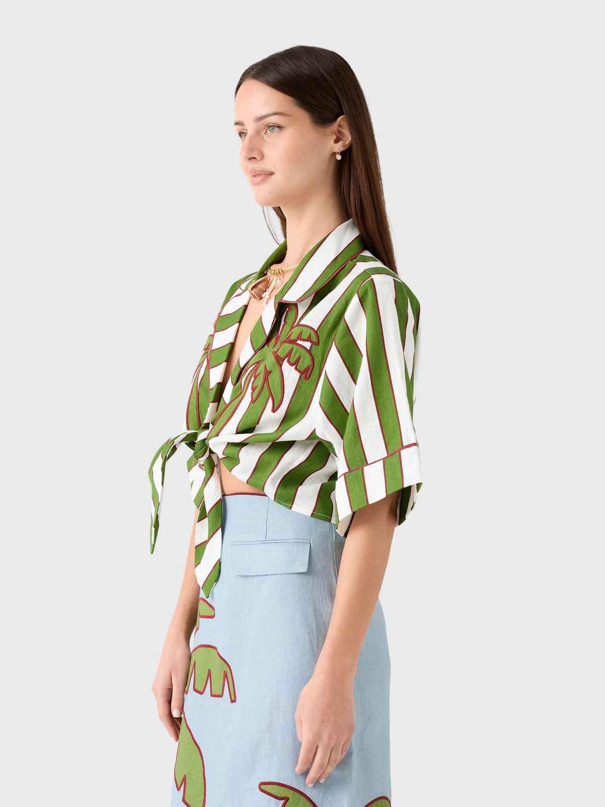 Farm Rio Women's Spring Stripes Embroidered Linen Crop Top