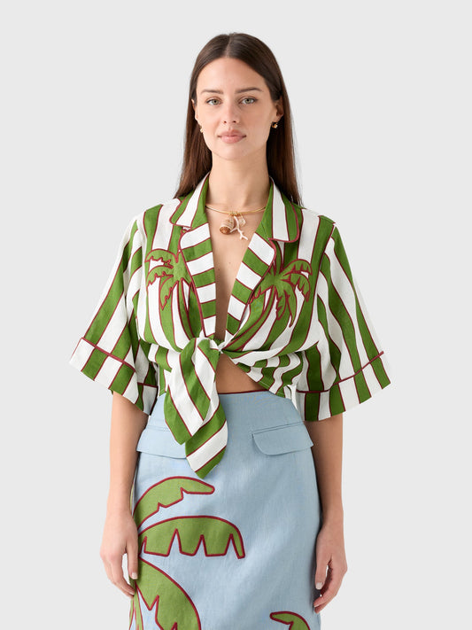 Farm Rio Women's Spring Stripes Embroidered Linen Crop Top