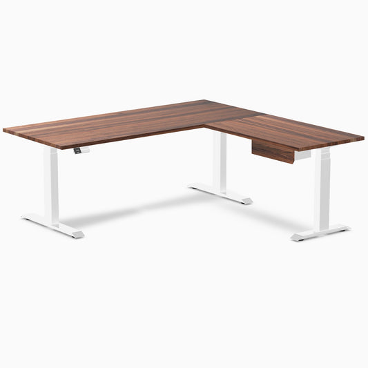 Desky Hardwood L-Shape Standing Desk With Drawer 180 x 175 cm Walnut Top and White Leg