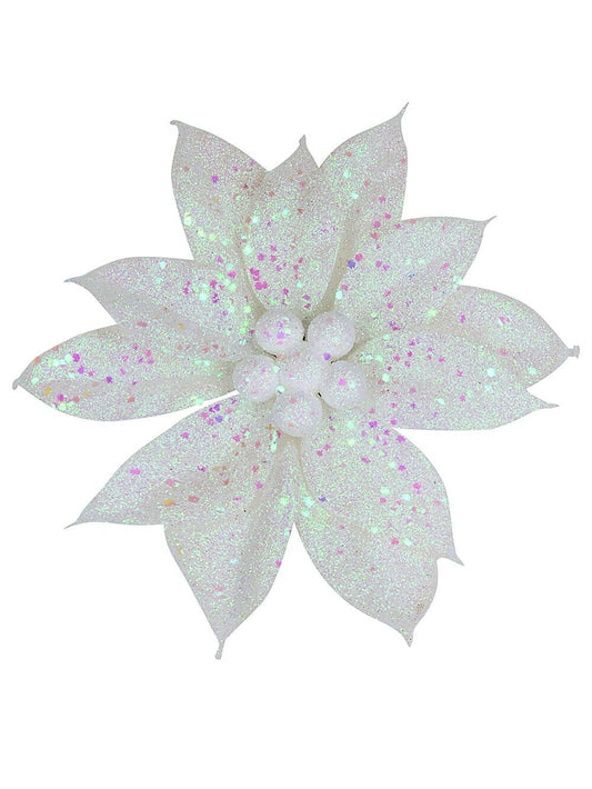 White Poinsettia With Iridescent Decor Christmas Tree Clip Pick | 19cmWhite with Iridescent